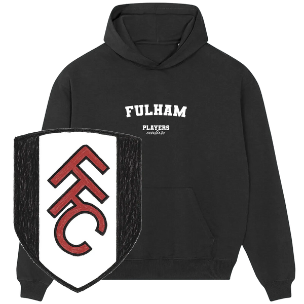 Fulham Players Couture black hoodie with white logo and FFC soccer crest, premium sports fashion