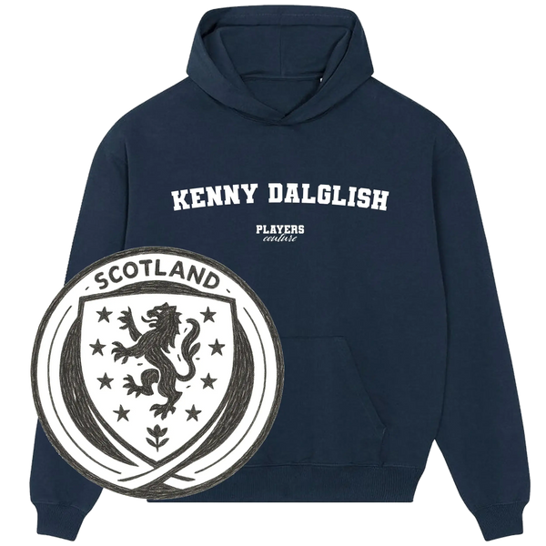 Navy Kenny Dalglish hoodie by Players Couture with Scotland lion crest, sports fanwear