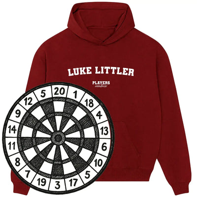 Maroon Players Couture Luke Littler hoodie with graphic dartboard, premium sports fashion.