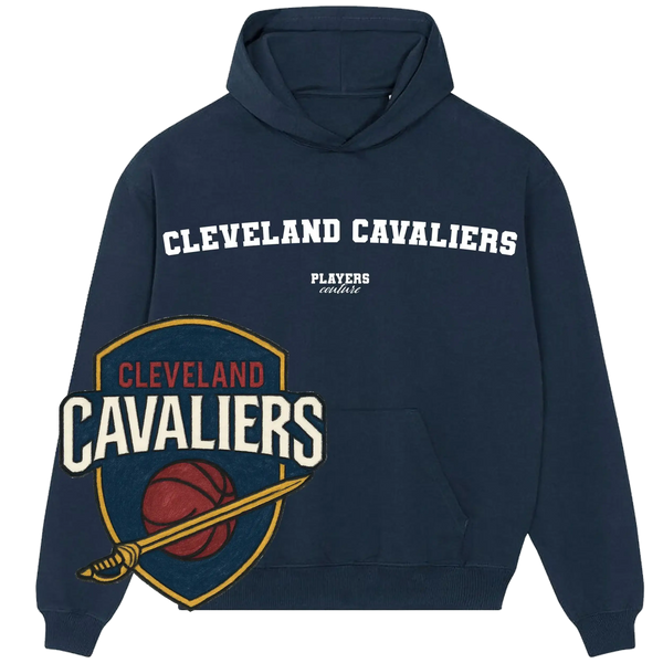 Navy Players Couture hoodie with Cleveland Cavaliers logo and text, premium sports fanwear