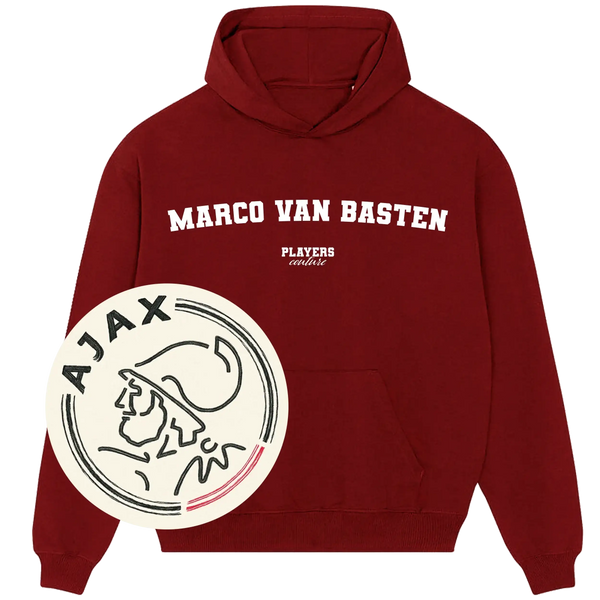 Burgundy Players Couture hoodie with Marco Van Basten text and Ajax graphic patch
