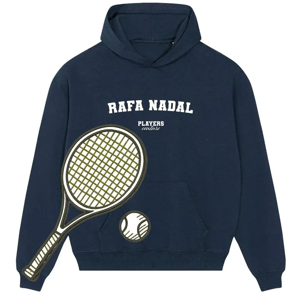 Navy Rafa Nadal Players Couture hoodie with tennis racket and ball graphic, premium sportswear