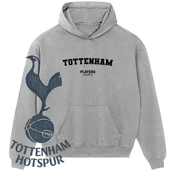 Grey Tottenham Hotspur Players Couture hoodie featuring club logo and bold text, sports fashion
