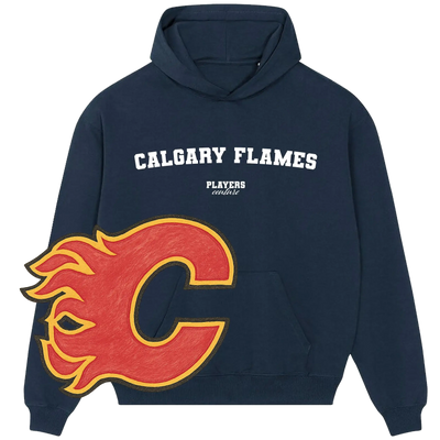 Navy Players Couture Calgary Flames hoodie with bold team logo, premium sports fanwear apparel.