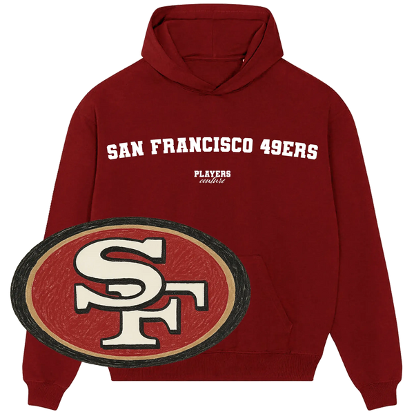 San Francisco 49ers Players Couture hoodie in red with team logo, premium sports fanwear