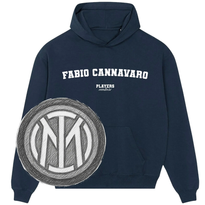 Navy blue Players Couture hoodie with 'Fabio Cannavaro' text and Inter Milan-inspired logo.