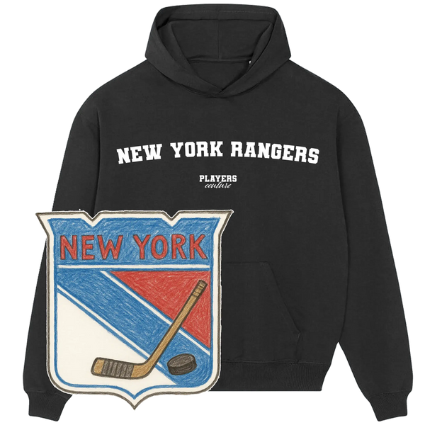 Black Players Couture New York Rangers hoodie with team-inspired crest, men’s premium sportswear