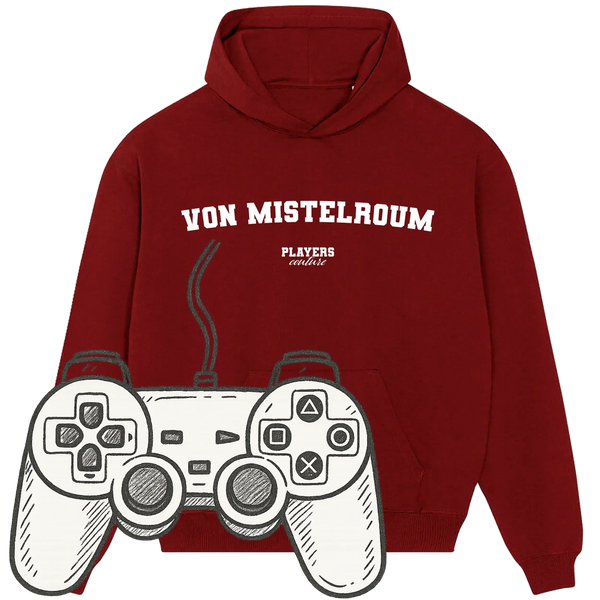 Maroon Players Couture Von Mistelroum hoodie with graphic game controller illustration