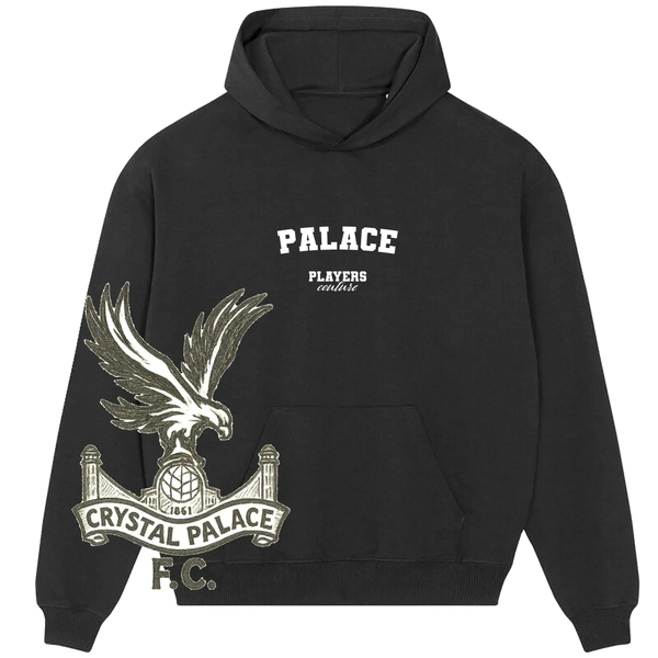 Black Players Couture hoodie with 'Palace' text and Crystal Palace FC eagle logo, premium fanwear