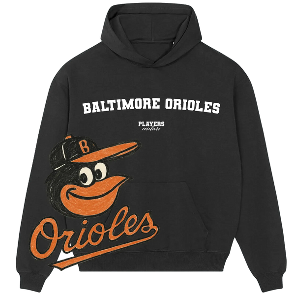 Black Players Couture hoodie with Baltimore Orioles logo and text, premium sports fanwear