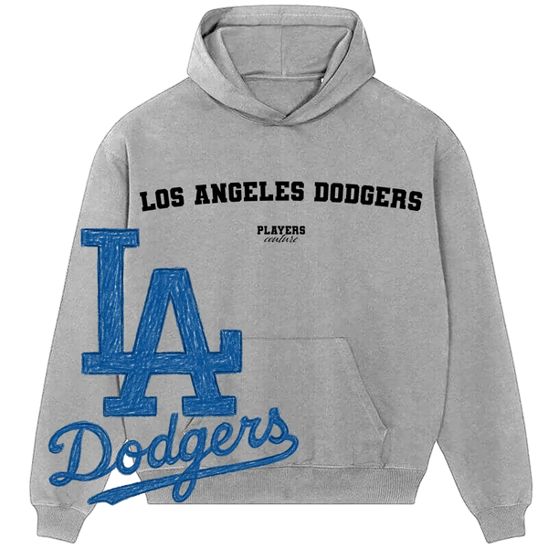 Grey Los Angeles Dodgers hoodie by Players Couture with blue LA Dodgers logo, sports fanwear