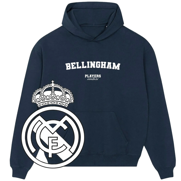 Navy Bellingham Players Couture hoodie with Real Madrid logo, premium sports fashion for men