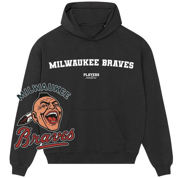 Milwaukee Braves Players Couture black hoodie with bold team logo and vintage baseball graphic.