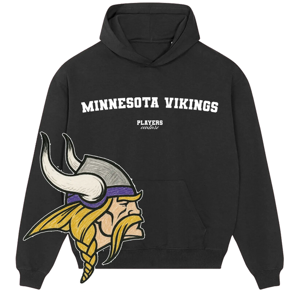 Black Players Couture hoodie with Minnesota Vikings text and large Viking logo, premium sports fanwear.