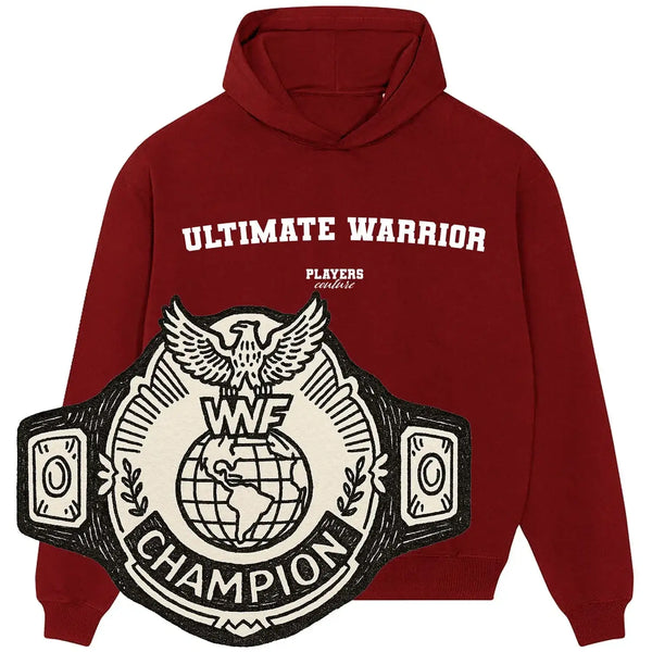 Players Couture Ultimate Warrior maroon hoodie with WWF Champion belt graphic, sports fanwear
