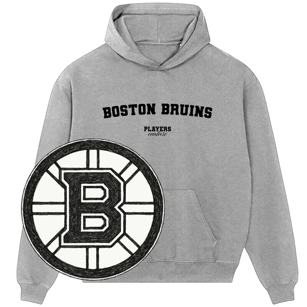 Boston Bruins grey hoodie by Players Couture with black team logo, premium sports fanwear apparel
