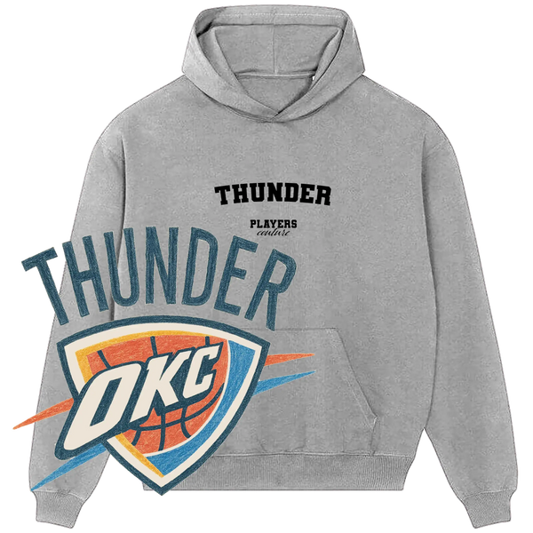 Gray Players Couture hoodie with 'Thunder' text and OKC Thunder basketball logo, sports fanwear.