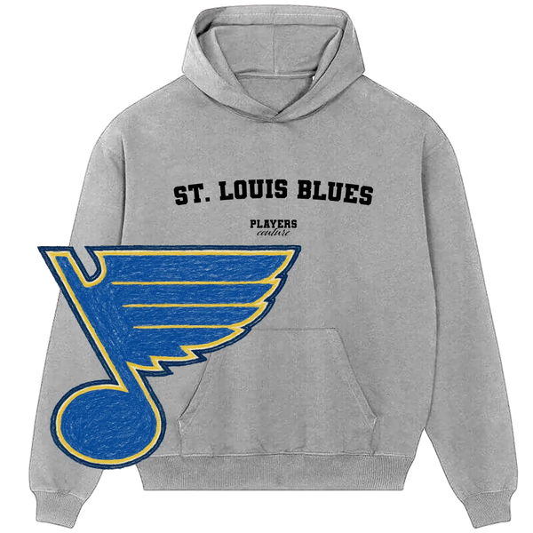 St. Louis Blues Players Couture grey hoodie with blue and yellow team logo, sports apparel