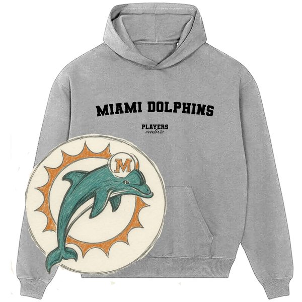Grey Players Couture Miami Dolphins hoodie with retro dolphin logo, sports fashion fanwear