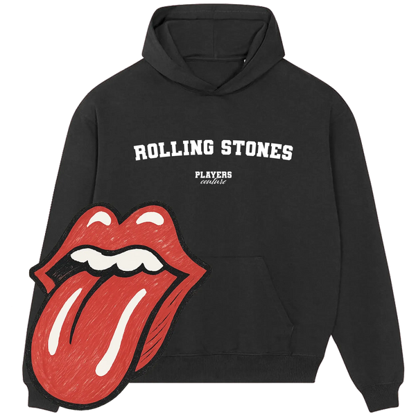 Black Rolling Stones Players Couture hoodie with tongue logo graphic, premium sports fashion