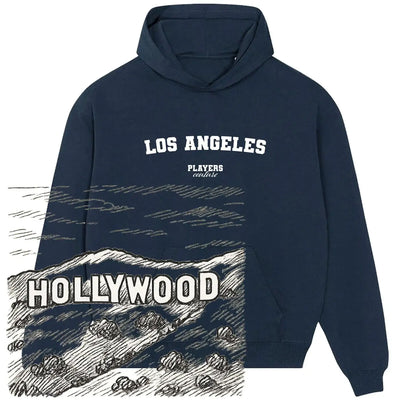 Navy Players Couture Los Angeles hoodie with Hollywood sign sketch overlay, premium sports fashion.