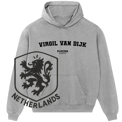 Gray Players Couture hoodie featuring Virgil Van Dijk text and Netherlands lion crest graphic.