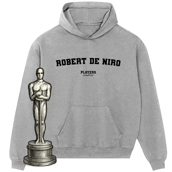 Grey Players Couture hoodie with Robert De Niro text and illustrated award trophy