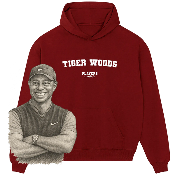 Players Couture maroon hoodie with 'Tiger Woods' text and athlete sketch, premium sports fashion.