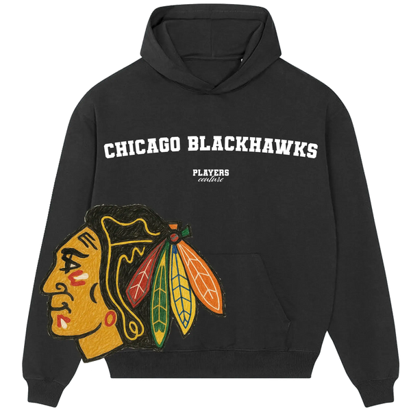 Black Players Couture hoodie featuring Chicago Blackhawks logo and white team text for men