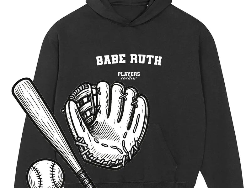 Players Couture black hoodie with Babe Ruth print, baseball glove, bat, and ball graphic
