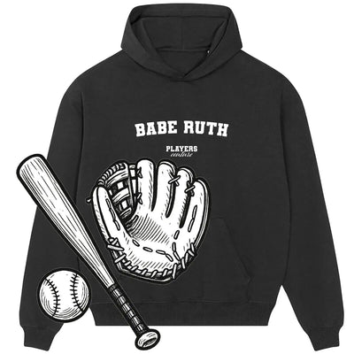 Players Couture black hoodie with Babe Ruth print, baseball glove, bat, and ball graphic