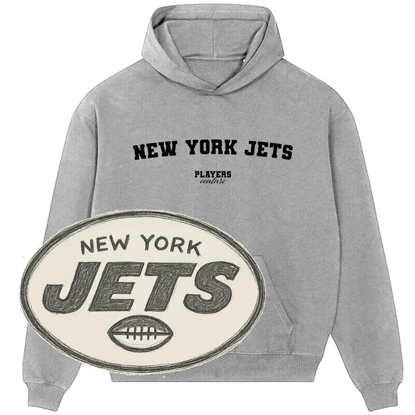 Grey New York Jets hoodie by Players Couture with vintage logo, premium sports fashion fanwear