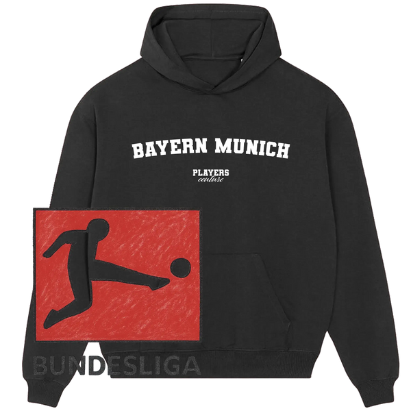 Black Bayern Munich Players Couture hoodie with white text and Bundesliga logo graphic