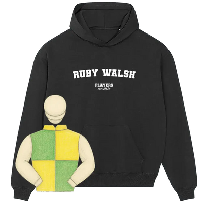 Black Players Couture hoodie with RUBY WALSH text and jockey illustration, sports fashion apparel