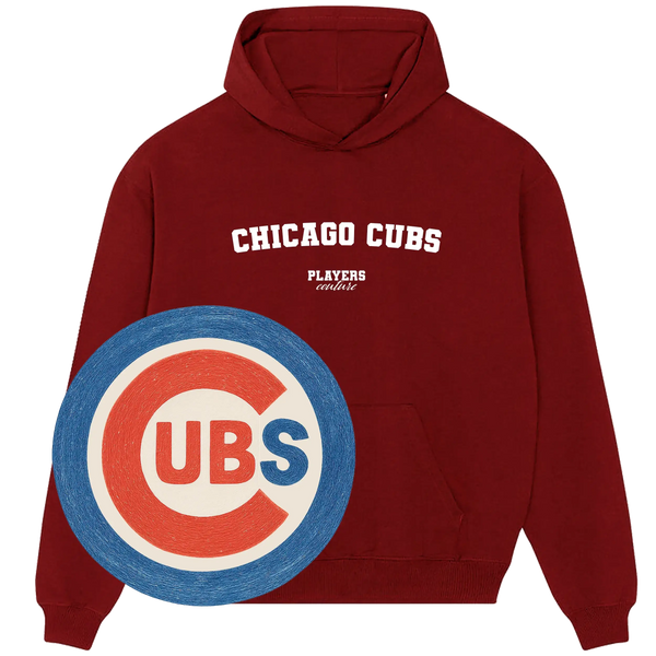 Chicago Cubs Players Couture maroon hoodie with large Cubs logo, premium sports fanwear