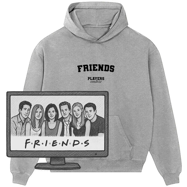 Grey Players Couture FRIENDS hoodie with TV graphic of six characters, sports pop culture fanwear