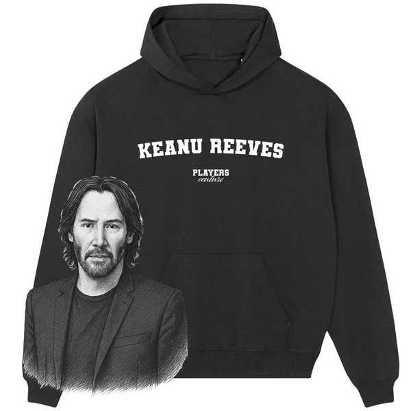 Players Couture black hoodie featuring Keanu Reeves name, sketched portrait, premium fanwear