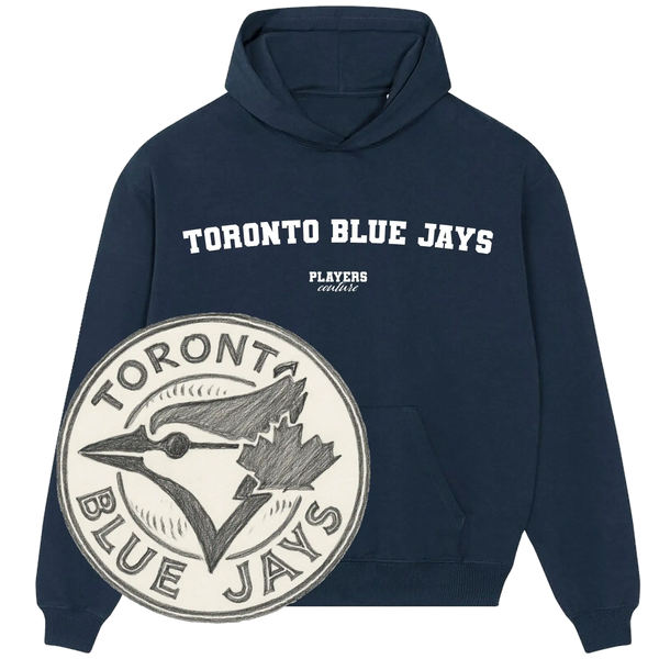 Toronto Blue Jays navy hoodie by Players Couture with team logo patch, premium sports fanwear