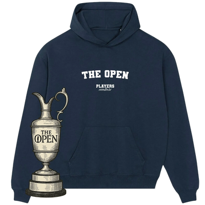 Navy Players Couture hoodie with 'The Open' text and illustrated trophy, stylish sports fanwear.