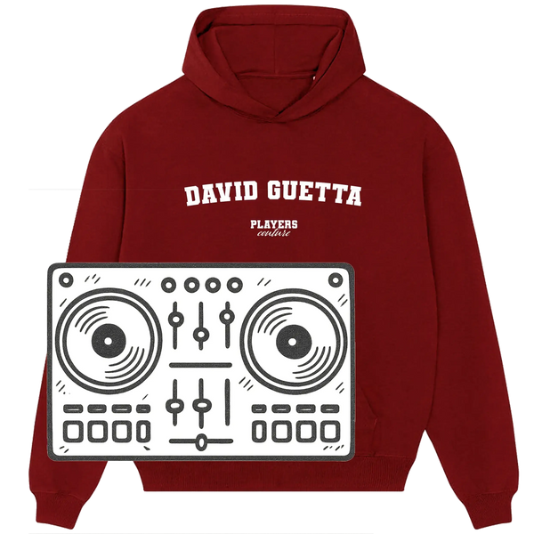 Maroon Players Couture hoodie with 'David Guetta' text and DJ mixer graphic, sports fashion