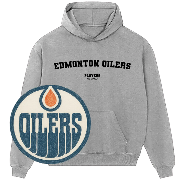 Grey Edmonton Oilers hoodie by Players Couture with team logo, premium sports fanwear.