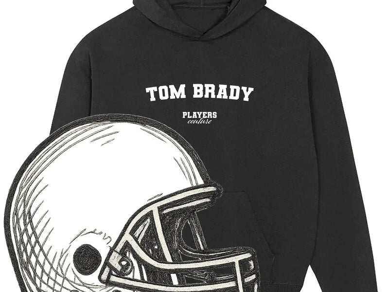 Black Players Couture hoodie with 'Tom Brady' text and football helmet illustration, sports fashion