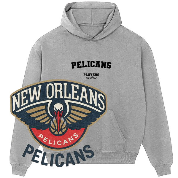New Orleans Pelicans grey hoodie by Players Couture, featuring team logo and fanwear design.