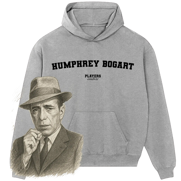 Grey Players Couture hoodie featuring 'Humphrey Bogart' text and vintage sketch of suited man in hat.