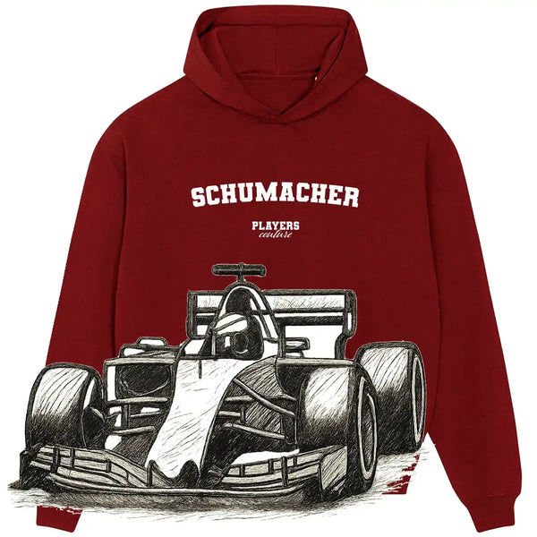 Red Players Couture hoodie with Schumacher text and black sketch of a Formula 1 race car