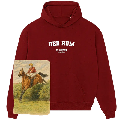 Maroon Red Rum Players Couture hoodie with jockey and racehorse illustration.
