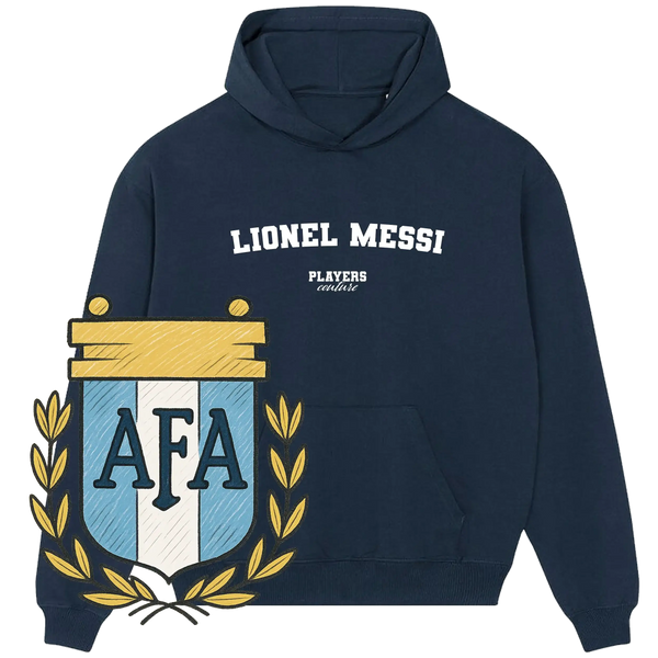 Navy Players Couture hoodie with 'Lionel Messi' text and AFA crest, premium sports fashion