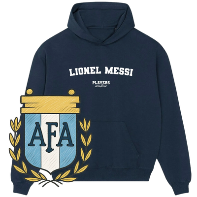 Navy Players Couture hoodie with 'Lionel Messi' text and AFA crest, premium sports fashion Clothing - Hoodies & T'Shirts