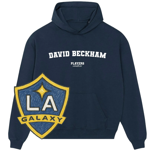 Navy Players Couture hoodie with David Beckham text and LA Galaxy logo, premium sports fanwear