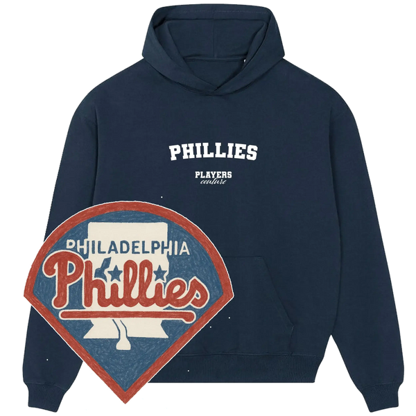 Navy Players Couture Phillies hoodie with Philadelphia Phillies vintage logo, sporty fanwear.